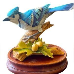 Vintage Andrea By Sadek Blue Jay Porcelain Figurine with Wood Base